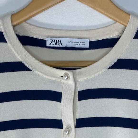 Zara cardigan pearl buttons/ long sleeves, beige with blue stripes - Picture 2 of 5